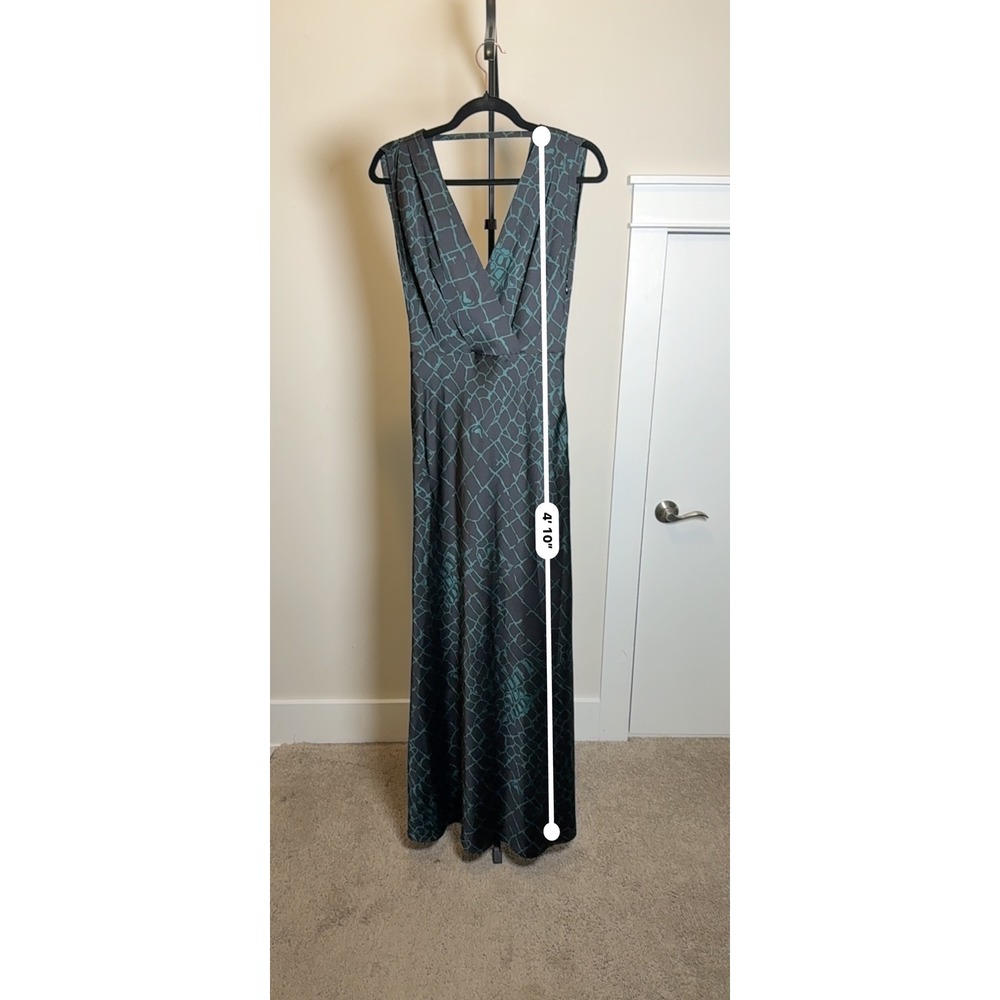 Reiss Maxi Dress Womens 4 Teal Black Abstract Print Satin V-Neck Formal Gown - Picture 9 of 9